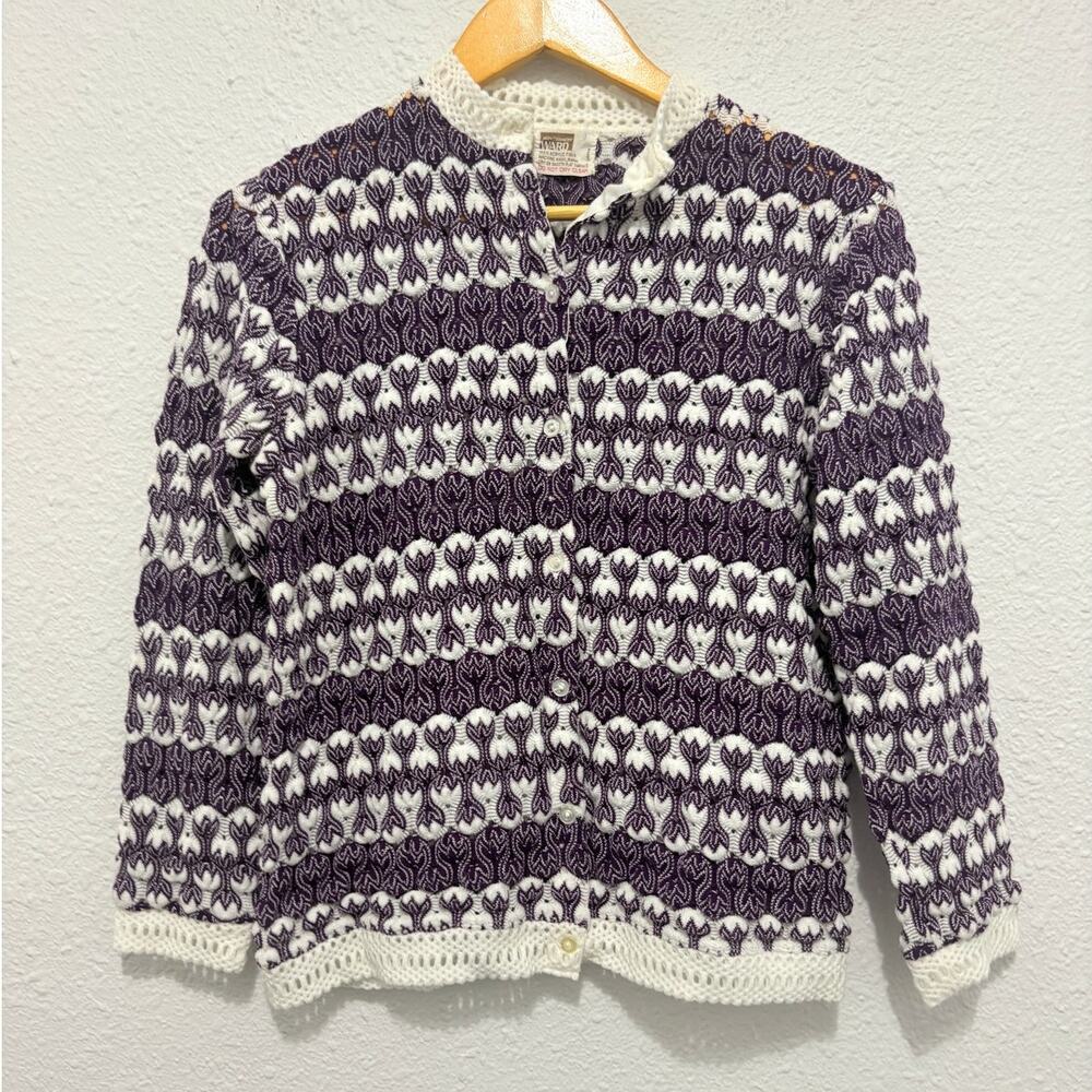 Vintage 70s Montgomery Ward Knit Sweater Purple Funky Flame Cardigan